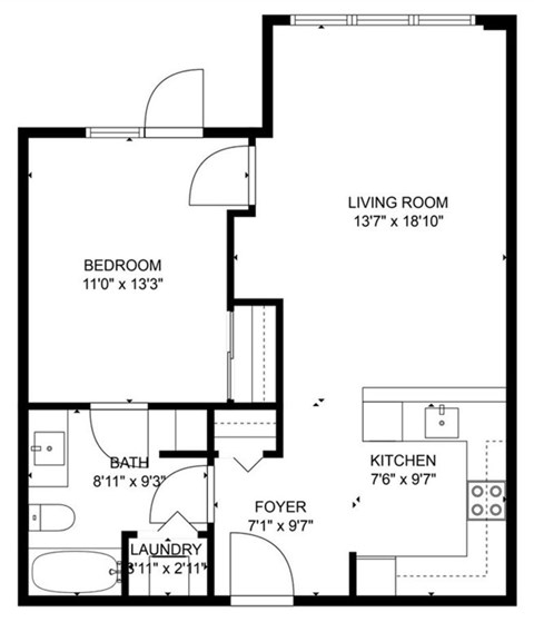 A black and white image of a floor plan for a small apartment.